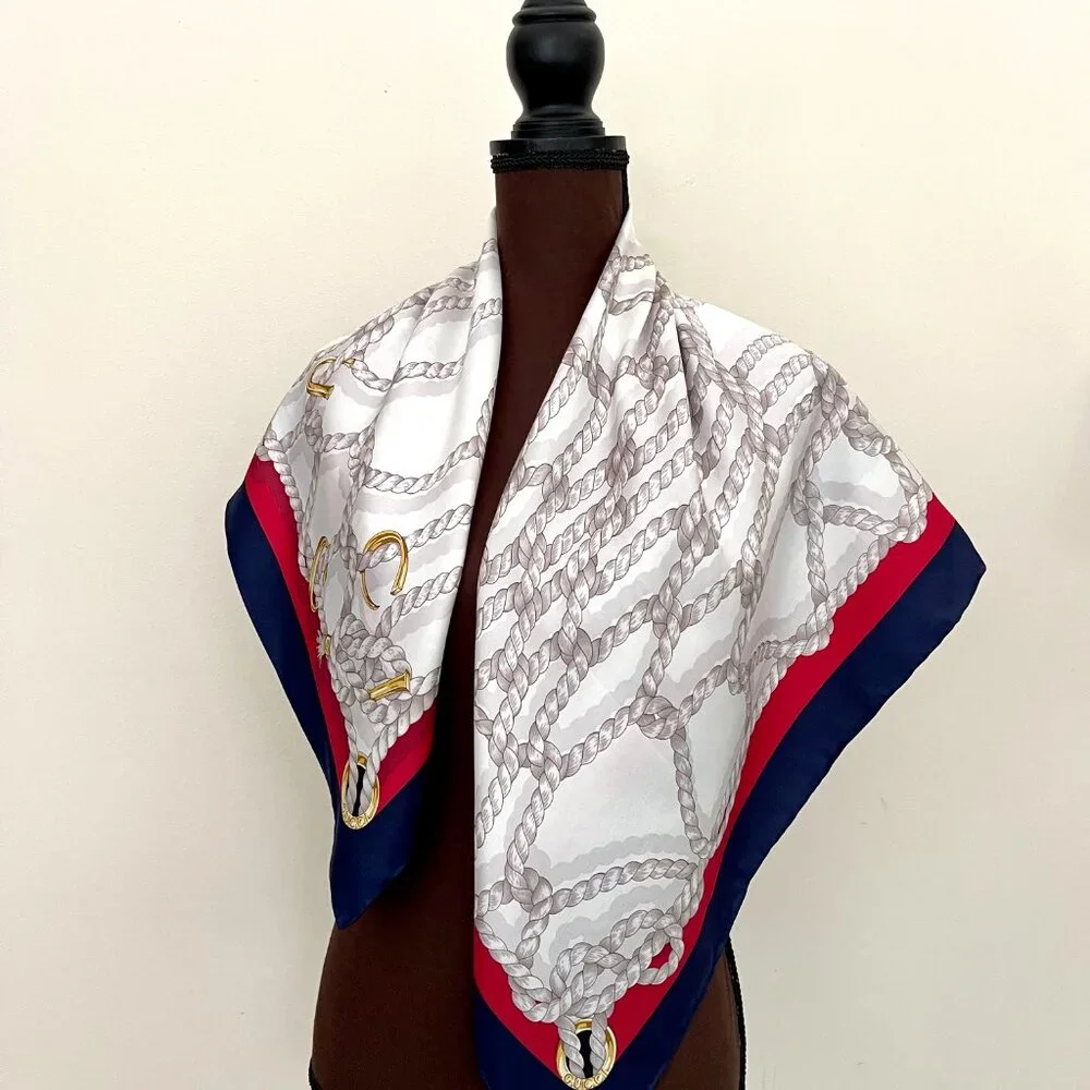 New Gucci Scarf GG Logo Ropes Print Nautical Style Silk Wrap